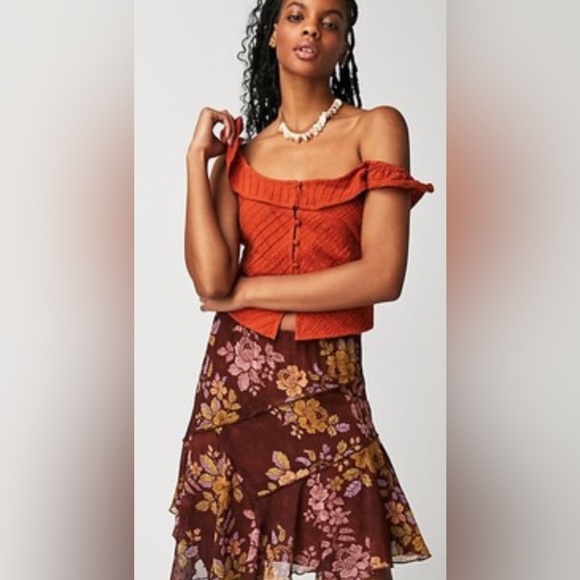 Free People Milly Asymmetrical Floral Mini Skirt Copper Brown Size XS NWOT - Picture 2 of 8